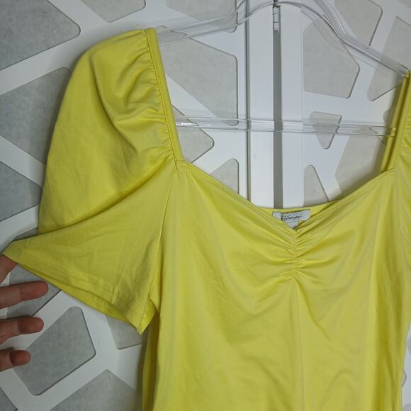 ReVamped Yellow Sweetheart Puff Sleeve Top Womens LG Y2K Flirty Preppy Cottage - Picture 2 of 8